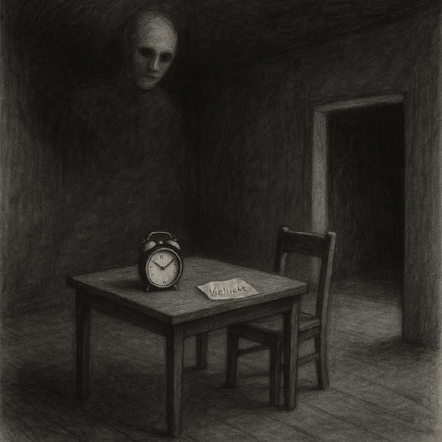 Das Bild zeigt eine beunruhigende Szene in einem dunklen Raum, in dem eine unheimliche Gestalt im Hintergrund lauert, während ein Tisch mit einer Uhr und einem Zettel mit der Aufschrift "Vielleicht" im Vordergrund steht. - Im Detail zeigt das Bild einen finsteren, düsteren Raum mit grob gezeichneten Wänden, die eine Textur andeuten. Zentral im Bild steht ein einfacher Holztisch, auf dem eine altmodische Weckeruhr steht. Die Uhr zeigt eine Zeit zwischen 10 und 11 Uhr an. Neben der Uhr liegt ein kleiner Zettel, auf dem das Wort "Vielleicht" geschrieben steht. Ein schlichter Holzstuhl steht an der Seite des Tisches. Im Hintergrund, an der oberen linken Ecke des Bildes, ist eine unheimliche, fast geisterhafte Gestalt zu sehen. Die Gestalt hat ein blasses, ausdrucksloses Gesicht und scheint im Schatten zu verschmelzen, was den unheimlichen Charakter des Bildes verstärkt. Eine offene Tür ist im hinteren rechten Bereich auszumachen, die in einen noch dunkleren Bereich des Hauses führt. Die Stimmung des Bildes ist beunruhigend und düster. Die Schatten und die unheimliche Gestalt erzeugen ein Gefühl von Angst und Ungewissheit, während das Wort "Vielleicht" auf dem Zettel eine zusätzliche Ebene der Reflexion über die Zukunft oder eine ungewisse Entscheidung hinzufügt.