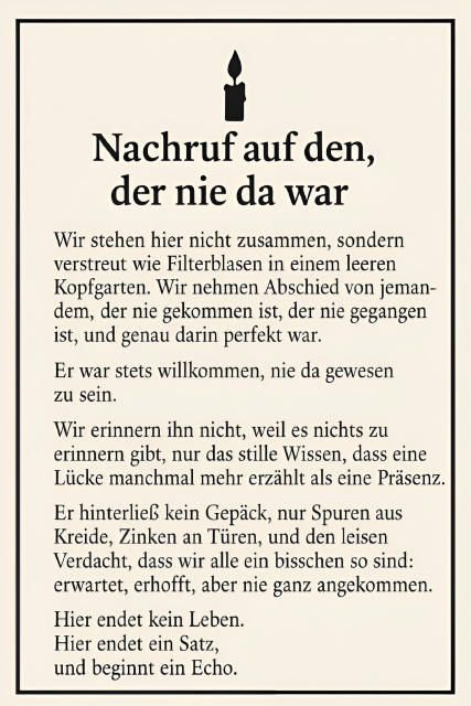 Das Bild zeigt einen Nachruf auf jemanden, der nie wirklich existiert hat, indem es eine poetische Reflexion über Abwesenheit, Erwartung und die Spuren, die wir hinterlassen, bietet. - Das Bild ist eine Textebene auf beigem Hintergrund, eingefasst von einem dünnen schwarzen Rahmen. Oben mittig befindet sich eine stilisierte Darstellung einer brennenden Kerze in Schwarz. Darunter steht in großer, fetter Schrift der Titel "Nachruf auf den, der nie da war". Der restliche Text ist in kleinerer, aber dennoch gut lesbarer Schrift darunter angeordnet. Der Text ist in Abschnitte unterteilt und wirkt wie ein Gedicht oder eine philosophische Betrachtung über die Abwesenheit und die damit verbundenen Gefühle. Die Atmosphäre ist melancholisch und nachdenklich, da der Text auf eine Person Bezug nimmt, die nie wirklich präsent war, aber dennoch eine Art von Einfluss oder Eindruck hinterlassen hat.