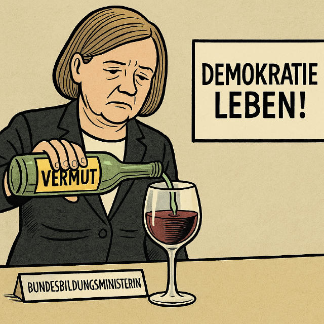 Karikatur: Bundesbildungsministerin gießt Wermut in ein Glas Wein – Slogan „Demokratie leben!“
