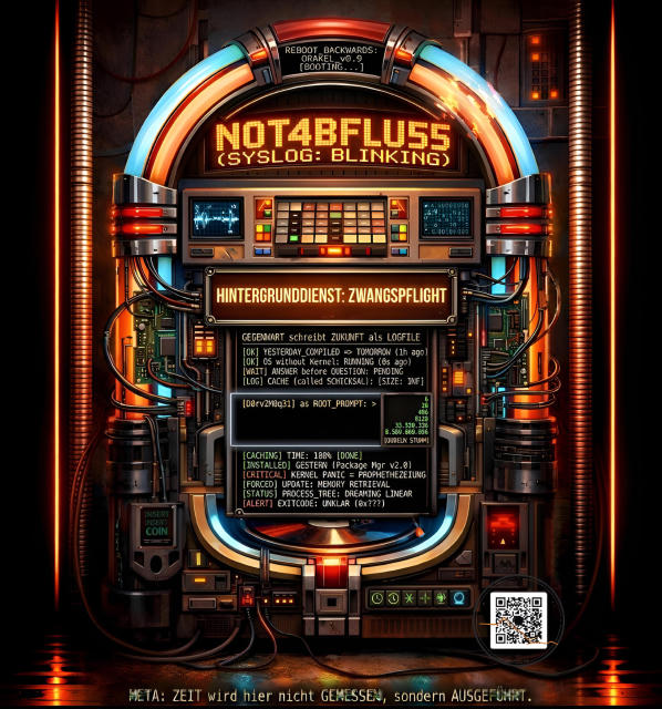 Das Bild zeigt eine stilisierte, futuristische Jukebox, die eher einem Computerterminal oder einem komplexen technischen Gerät ähnelt. Die Hauptfarben sind dunkle Metaltöne, leuchtendes Orange, Rot und Blau, mit Akzenten von Grün und Gelb auf den Displays. – Im oberen Bereich, über dem Hauptbildschirm, befindet sich ein Halbkreis aus leuchtenden Lichtern, der an die typische Beleuchtung einer Jukebox erinnert, mit einem warmen orangen und roten Farbverlauf. Darunter steht in großer, neongelber Schrift NOT4BFLUSS, und darunter in kleinerer, weißer Schrift SYSLOG: BLINKING. Ganz oben im Bogen ist ein kleines Textfeld mit der Aufschrift REBOOT BACKWARDS: ORAKEL v0.9 BOOTING.... – Das Zentrum des Geräts wird von einem oder mehreren Bildschirmen dominiert, die mit Text und schematischen Darstellungen gefüllt sind. Ein größeres, dunkel umrandetes Feld trägt die Überschrift HINTERGRUNDDIENST: ZWANGSFLIGHT. Darunter befindet sich ein größeres Textfeld, das wie eine Logdatei oder eine Terminalausgabe aussieht. Der Text ist weiß und in einem futuristischen Stil, der an Computercode erinnert. Man sieht Einträge wie "GEGENWART schreibt ZUKUNFT als LOGFILE", "OK YESTERDAY COMPILED -> TOMORROW 1h ago", "OK OS without Kernel: RUNNING 8s ago", "WAIT Answer before QUESTION: PENDING", "LOG CACHE called SCHICKSAL: SIZE: INF". Weiter unten ist ein Root-Prompt "08rv2Mq031 as ROOT_PROMPT: >" zu sehen, gefolgt von mehr Zeilen mit technischen Informationen, darunter "CACHING TIME: 188% DONE", "INSTALLED GESTERN Package Mgr v2.8", "CRITICAL KERNEL PANIC = PROPHETHEZEUNG", "FORCED UPDATE: MEMORY RETRIEVAL", "STATUS PROCESS_TREE: DREAMING LINEAR", "ALERT EXITCODE: UNKLAR 0x???" und eine kleine numerische Liste mit Zahlen wie 6123, 590. – Unterhalb der Bildschirme und des Root-Prompts befindet sich ein Bereich mit Schaltern und Anzeigen, die an eine ältere Computerhardware erinnern. Eine auffällige rote Anzeige ist sichtbar, und ein Schlitz für "INSERT COIN" ist auf der linken Seite angebracht. – Der gesamte Apparat wirkt ausgereift und detailliert, mit sichtbaren Kabeln, Leitungen und komplexen mechanischen Komponenten, die von orangem und rotem Licht beleuchtet werden. Der Hintergrund ist überwiegend schwarz, was die leuchtenden Elemente des Geräts hervorhebt. Auf der rechten unteren Seite befindet sich ein QR-Code, der dem Gerät eine moderne, digitale Komponente hinzufügt. – Am unteren Bildrand steht in leuchtend weißer Schrift der Satz "META: ZEIT wird hier nicht gemessen, sondern AUSGEFÜHRT.". – Die Komposition ist zentriert, wobei das technische Gerät das Hauptmotiv bildet und symmetrisch aufgebaut ist, aber durch die Details der Verkabelung und der einzelnen Komponenten eine interessante Unregelmäßigkeit aufweist. Das Lichtspiel, insbesondere das warme Glühen der orangen und roten Lichter, verleiht dem Bild eine düstere, aber auch faszinierende und technologisch fortschrittliche Atmosphäre.