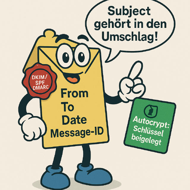 Im Detail ist ein gelber, anthropomorpher Briefumschlag abgebildet, der lächelt und große Augen hat. Er trägt blaue Schuhe und hat Arme und Hände mit weißen Handschuhen. Auf dem Briefumschlag sind die Wörter "From", "To", "Date" und "Message-ID" aufgedruckt. Auf der linken Seite befindet sich ein rotes Siegel mit der Aufschrift "DKIM/SPF DMARC". Der Briefumschlag zeigt mit dem Zeigefinger seiner linken Hand nach oben und gibt mit einer Sprechblase den Hinweis "Subject gehört in den Umschlag!" Er hält einen grünen Zettel in der rechten Hand, auf dem ein Symbol und der Text "Autocrypt: Schlüssel beigelegt" zu sehen sind. Der Hintergrund ist einfarbig hellbeige. Die Atmosphäre ist freundlich und aufklärerisch, mit dem Ziel, die Wichtigkeit von E-Mail-Sicherheit auf spielerische Weise zu vermitteln.