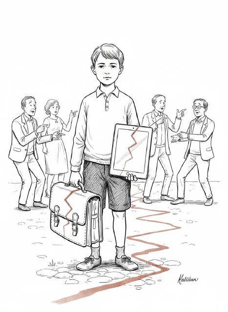 Ein Junge steht im Mittelpunkt, während Erwachsene ihm die Schuld für ein Missgeschick geben, das durch einen zerbrochenen Bildschirm auf einem Tablet und eine beschädigte Schultasche symbolisiert wird. --- Das Bild zeigt einen Jungen, der in der Mitte der Komposition steht. Er trägt ein kurzärmeliges Poloshirt und kurze Hosen. Er hält in der einen Hand eine Schultasche und in der anderen ein Tablet, beide Gegenstände weisen Risse auf, die sich als Zickzacklinie fortsetzen und sich über den Steinboden vor ihm erstrecken. Im Hintergrund stehen fünf Erwachsene, die mit dem Finger auf den Jungen zeigen und scheinbar Vorwürfe aussprechen. Die Szene vermittelt eine Atmosphäre der Anspannung und des Tadels, wobei der Junge im Zentrum der Aufmerksamkeit steht, während die Erwachsenen ihn beschuldigen, möglicherweise für den Schaden verantwortlich zu sein. Der Stil ist klar und detailreich, mit klaren Linien und Schattierungen, die die Szene lebendig werden lassen. Die Stimmung ist angespannt und der Junge wirkt isoliert und verletzlich unter dem Druck der Vorwürfe.